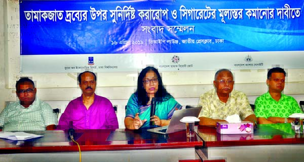 Prof Dr Rumana Haq of Bureau of Economics Research , University of Dhaka speaking at a press conference demanding imposing of specific taxes on tobacco products and reduction of price of cigarettes at the Jatiya Press Club yesterday.