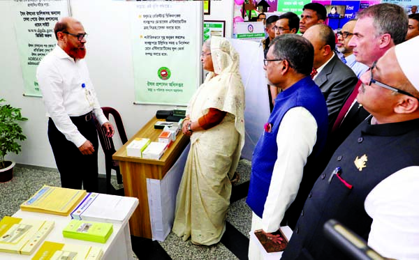 Prime Minister Sheikh Hasina visiting a stall at Bangabandhu International Conference Centre after the inauguration of National Health Service Week 2019 at Bangabandhu International Conference Centre yesterday.