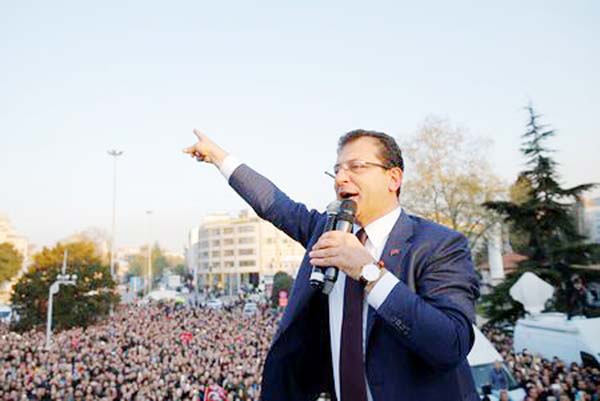 Newly elected Mayor of Istanbul Ekrem Imamoglu of the main opposition Republican People's Party (CHP) addresses his supporters after taking the office in Istanbul, Turkey on Wednesday.