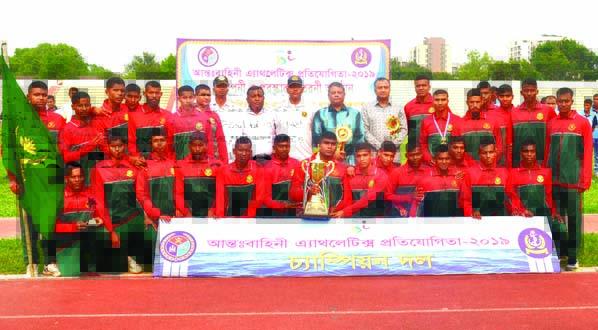 Bangladesh Army, the champions of the Inter-Services Athletics Competition with Chief Guest Rear Admiral M Khaled Iqbal, Vice-Chancellor of Bangabandhu Sheikh Mujibur Rahman Maritime University pose for a photo session at the Bangladesh Army Stadium in