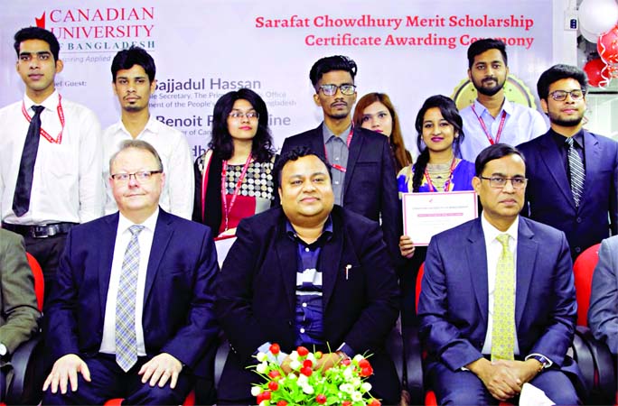 Secretary to the Prime Minister's Office Sajjadul Hassan, High Commissioner of Canada in Bangladesh Benoit PrÃ©fontaine, Chairman of Board of Trustees of CUB Professor Dr Chowdhury Nafeez Sarafat and scholarship awardees pose for a photo after Sarafat