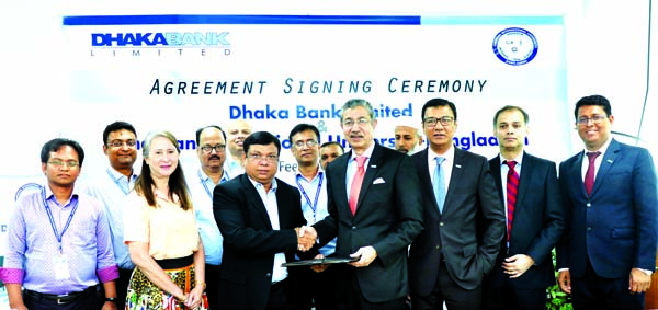 Emranul Huq, Managing Director (acting) of Dhaka Bank Limited and Khondaker Sabbir Mohd. Kabir, Director (Accounts & Audit) of American International University-Bangladesh (AIUB), exchanging an agreement signing document at AIUB main campus in the city on