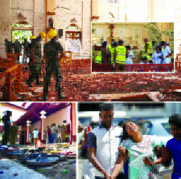 Security forces inspect the St. Anthony's Shrine after an explosion hit St Anthony's Church in Kochchikade in Colombo, Sri Lanka. (top) A view of the damage at St. Sebastian Catholic Church, after bomb blasts ripped through churches and luxury hotels on