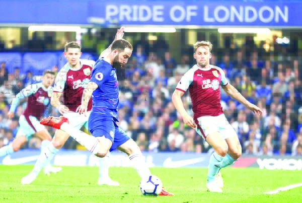 Chelsea's Gonzalo Higuain scores his side's second goal during the English Premier League soccer match between Chelsea and Burnley at Stamford Bridge stadium in London on Monday.