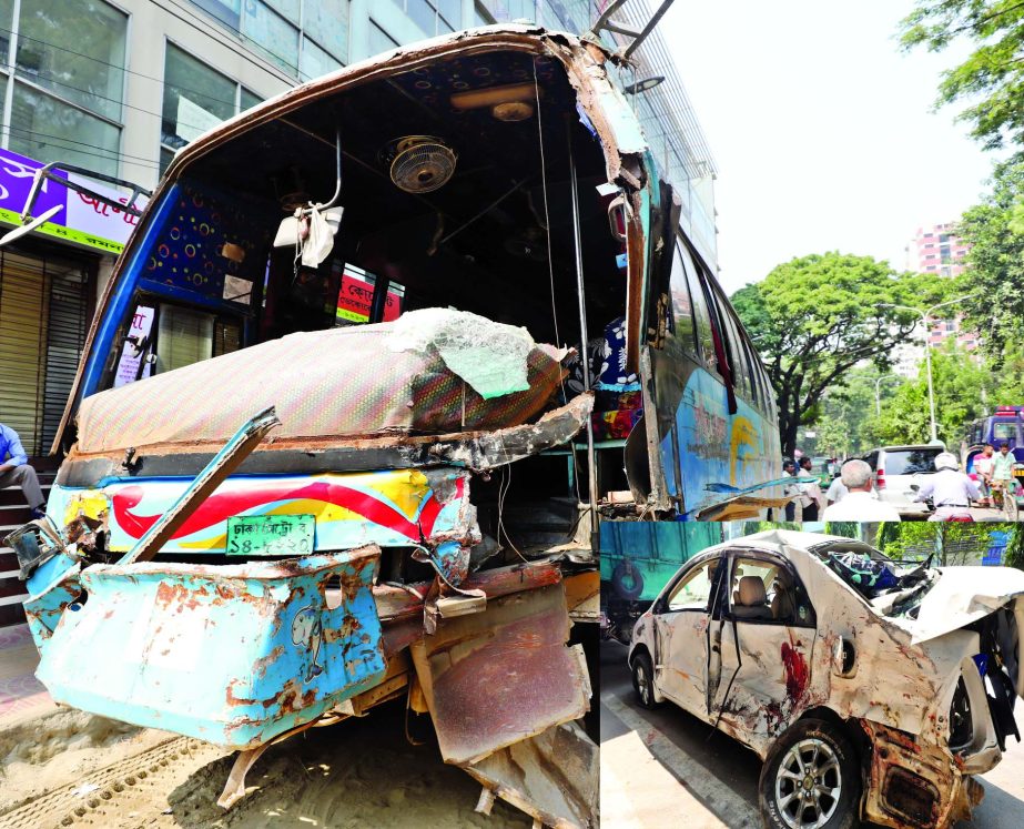 Two people were killed as two buses hit a private car and two rickshaws near Matsya Bhaban area on Tuesday morning.