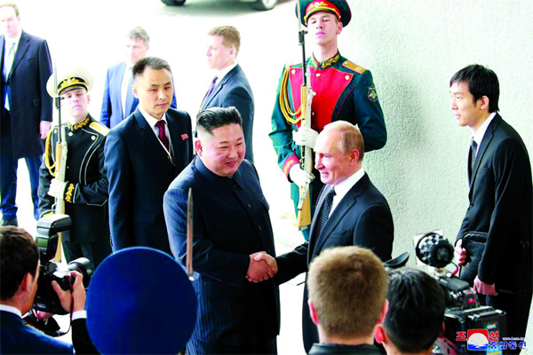 North Korean leader Kim Jong Un shakes hands with Russian President Vladimir Putin in Vladivostok, Russia.