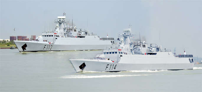 Two War Ships 'Sangram' and 'Prottasha' of Bangladesh Navy made in China came at Chattogram Naval Jetty yesterday.