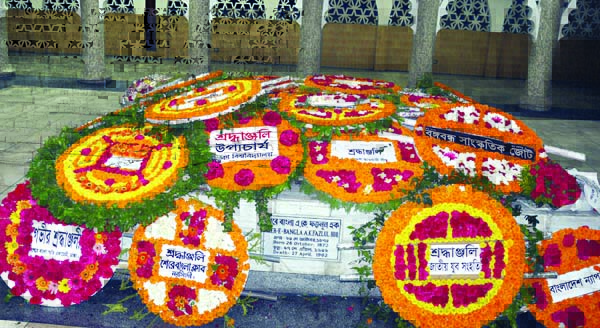 The Mazar of Sher-e-Bangla AK Fazlul Huq bedecked with flowers placed by different organisations in the city on Saturday marking his 57th death anniversary.