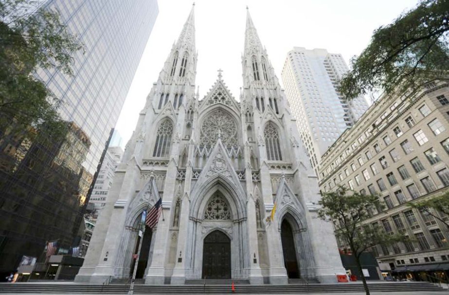 Photo shows the newly renovated and cleaned facade of St. Patrick's Cathedral in New York.