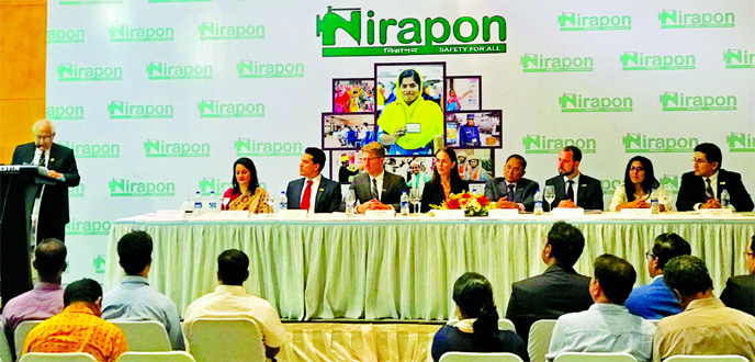 NIRAPON, working for maintaining safety standard in Bangladesh garment and textile sectors, arranges formally a launching programme at a hotel in the city on Monday. Board Chair - Professor Jamilur Reza Choudhury, CEO Moushumi Khan and Member Marco Reyes