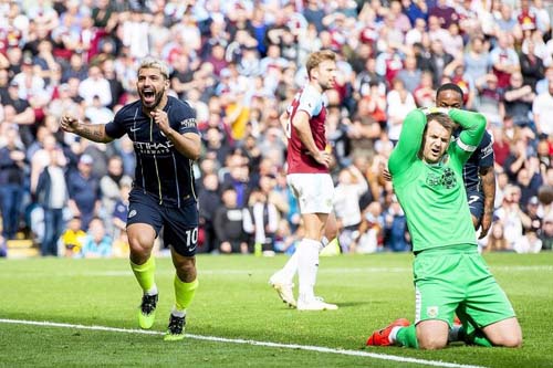Manchester City's Sergio Aguero celebrates a goal during the English Premier League match against Burnley FC in Burnley on Sunday.