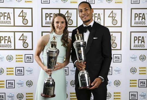 Liverpool's Virgil van Dijk poses with his PFA Player of the Year award with PFA Female Player of the Year Arsenal's Vivianne Miedema during the 2019 PFA Awards at the Grosvenor House Hotel, London on Sunday.