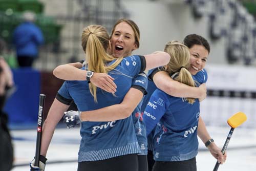Team Tirinzoni reacts to winning the women's final of the Humpty's Champions Cup against Team Einarson in Saskatoon, Saskatchewan, Canada on Sunday.