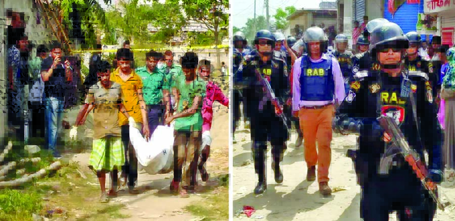 Bodies of two militants' were recovered (left) as they were killed in a blast after RAB (right) raided their tin-shed house at Basila in Mohammadpur area on Monday.