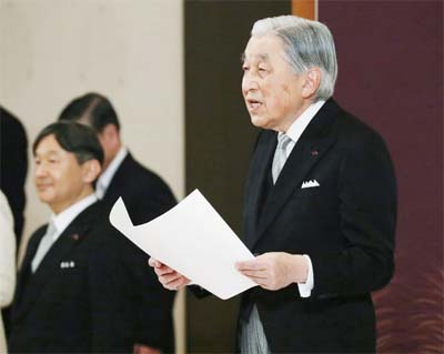 Japan's Emperor Akihito speaks during the ceremony of his abdication in front of other members of the royal families and top government officials at the Imperial Palace in Tokyo on Tuesday.