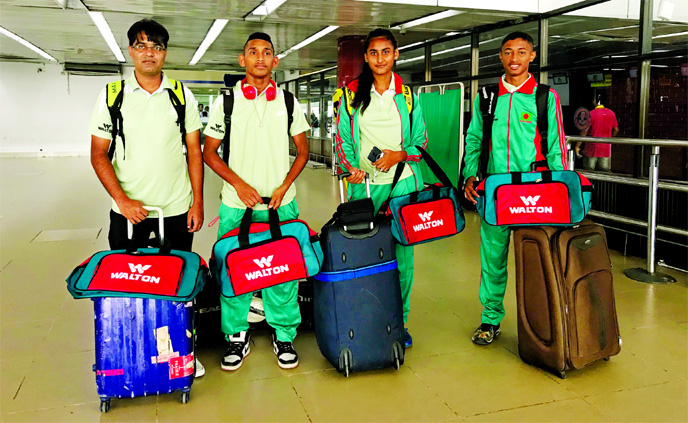 Members of Bangladesh Junior Tennis team pose for photograph at the Hazrat Shahjalal International Airport on Friday before leaving for Uzbekistan to take part in the ITF Asian Under-14 Development Championship scheduled to be held from May 5 to May 18 at