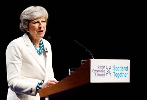 Britain's Prime Minister Theresa May speaks at the Scottish Conservative conference in Aberdeen, Scotland, Britain on Friday.