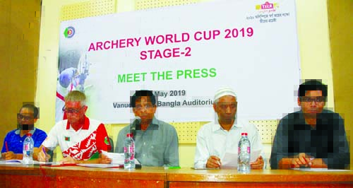 Vice-President of Bangladesh Archery Federation Anisur Rahman speaking at a press conference at the Auditorium of Bangladesh Olympic Association Bhaban on Saturday.