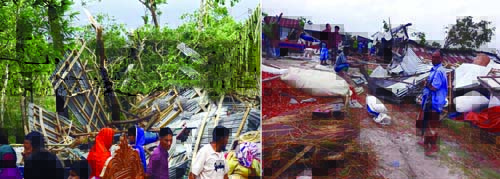Cyclonic storm Fani sweeps through the country's southwestern region and damages several hundred houses and uprooted huge trees and electric poles. This photo was taken from Bhola (left) and Chandpur (right) on Saturday.