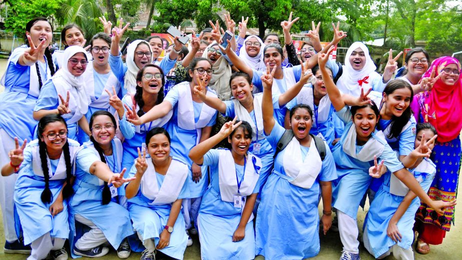 Students of Viqarunnisa Noon School and College celebrating their success after announcement of SSC results on Monday.