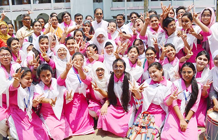 BARISHAL: Jubilant examinees of Barishal Government Girls' School celebrating after receiving their SSC examination results on Monday.