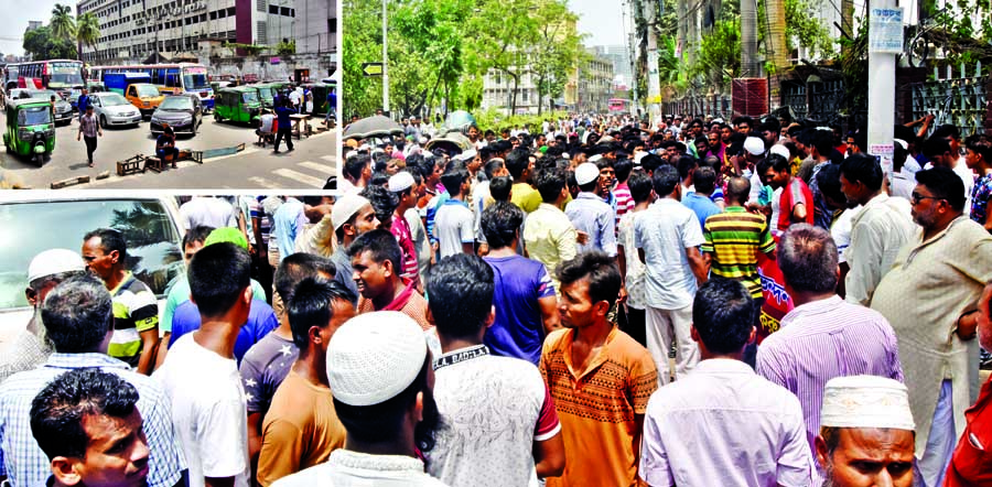 Hawkers blocked streets in city's Paltan area on Tuesday protesting eviction from city footpaths before their rehabilitation.