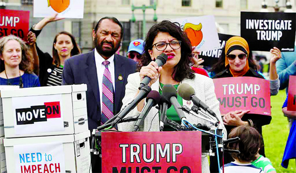 Rep. Rashida Tlaib (D-MI) speaks during an event with activist groups to deliver over ten million petition signatures to Congress urging the US House of Representatives to start impeachment proceedings against President Donald Trump on Capitol Hill on Thu