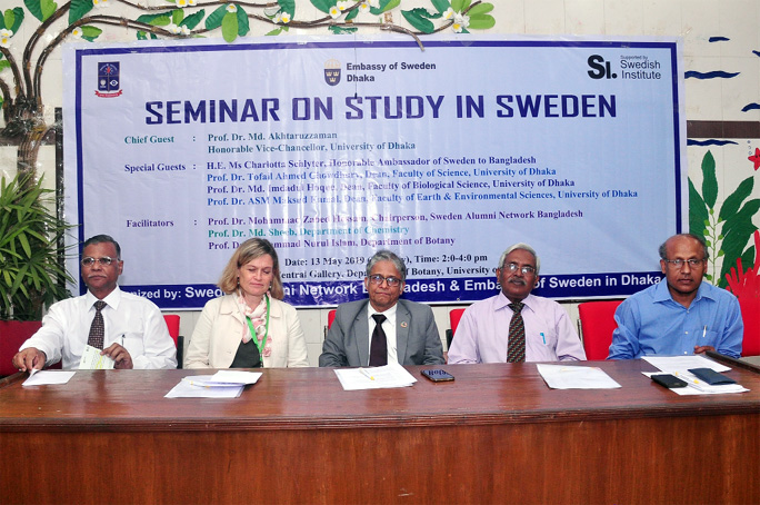 DU Vice-Chancellor Prof Dr Md. Akhtaruzzaman inaugurates a seminar on Study in Sweden as chief guest at the Central Gallery of Dhaka University Botany Department on Monday. Sweden Alumni Network and Swedish Embassy in Bangladesh jointly organized the even