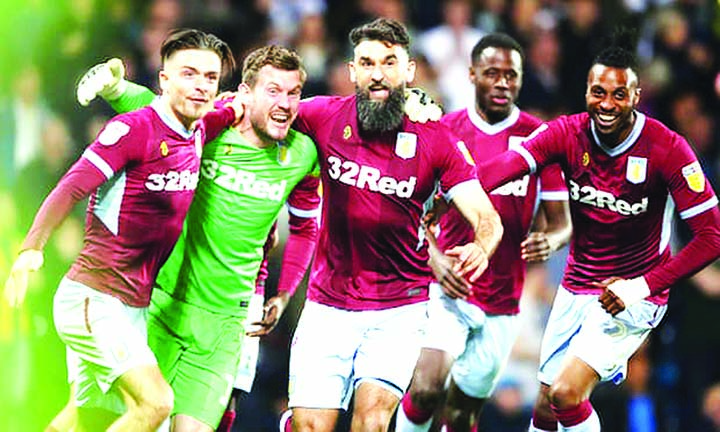 Goalkeeper Jed Steer celebrates with his Aston Villa teammates after saving two penalties in the crucial penalty shootout between Aston Villa and West Bromwich Albion in the Championship playoff semi-finals on Tuesday.