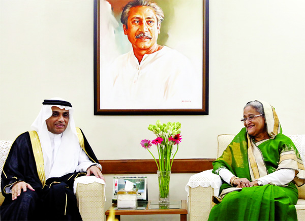 Prime Minister Sheikh Hasina talking to Saudi Ambassador in Dhaka Amer Omer Salem Omar when the latter came to hand over an invitation letter to PM on behalf of Saudi King at Ganabhaban on Thursday to attend OIC summit.