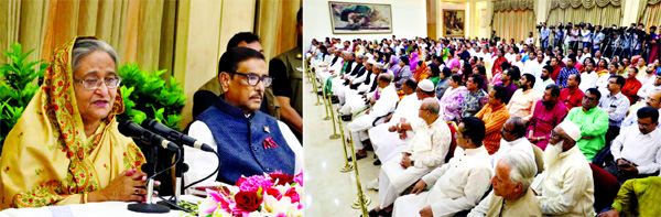 Prime Minister and President of Awami League Sheikh Hasina addressing the leaders and activists of AL and its associate bodies who came to greet her at Ganobhaban on Friday marking her Homecoming Day.