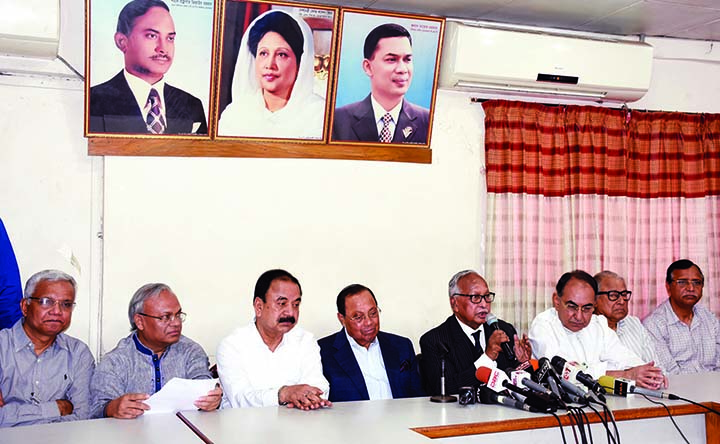 BNP Standing Committee Member Barrister Jamir Uddin Sircar speaking at a press conference at the party central office in the city's Nayapalton on Saturday demanding release and proper treatment of BNP Chief Begum Khaleda Zia.