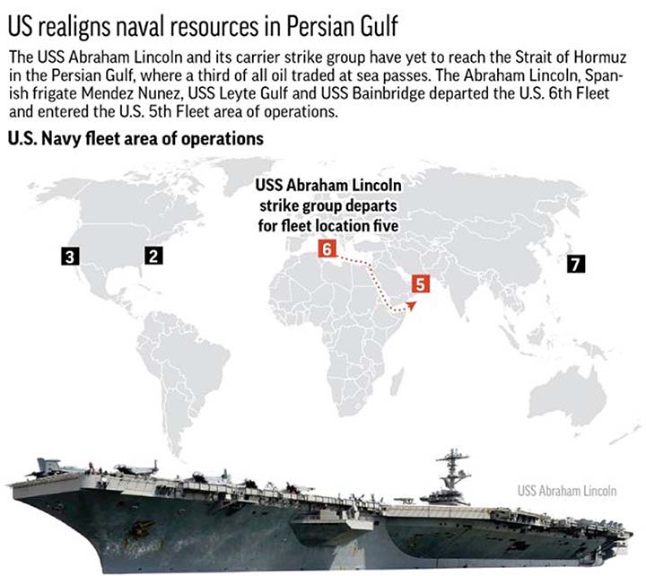 Graphic locates the US Navy's fleet area of operations and shows the path the US strike group moving into position in the Persian Gulf; 3c x 4 Â¾ inches; 146 mm x 120 mm.