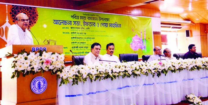 Chairman of Power Development Board and President of Bangabandhu Engineers Council, PDB branch Engineer Khaled Mahmud along with others at a discussion and Iftar Mahfil organised by Bangabandhu Engineers Council, PDB branch at Mukti Hall of Bidyut Bhaban