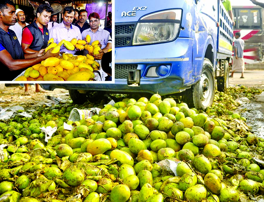 RAB mobile court seized huge chemical mixed mangoes from 9 warehouses in city's Jatrabari area and destroyed those in open street by bull-dozing on Wednesday. The court also realised Taka 24 lakh as fine from the traders.
