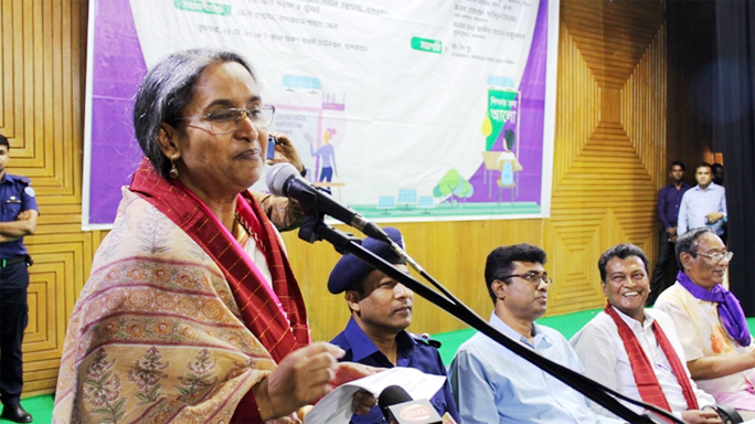 Education Minister Dr Dipu Moni MP speaking at a discussion meeting speaking at materials distribution programme of multimedia classroom at Bandarban on Wednesday.