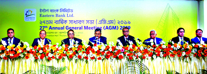 Md. Showkat Ali Chowdhury, Chairman of the Board of Directors of Eastern Bank Ltd (EBL) presides over the 27th AGM of the Company held yesterday at Police Convention Hall in the city. EBL Directors A.M. Shaukat Ali, Mir Nasir Hossain, Meah Mohammed Abdur