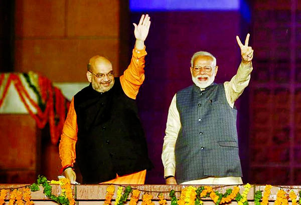 Indian Prime Minister Narendra Modi gestures after the election results in New Delhi, India, May 23, 2019.