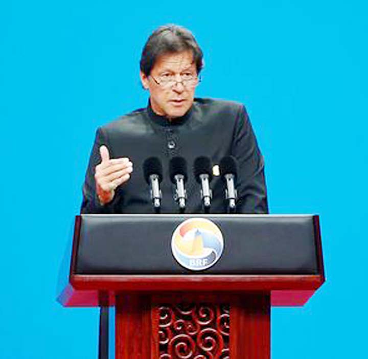 Pakistani Prime Minister Imran Khan delivers a speech at the opening ceremony for the second Belt and Road Forum in Beijing, China. AP file photo