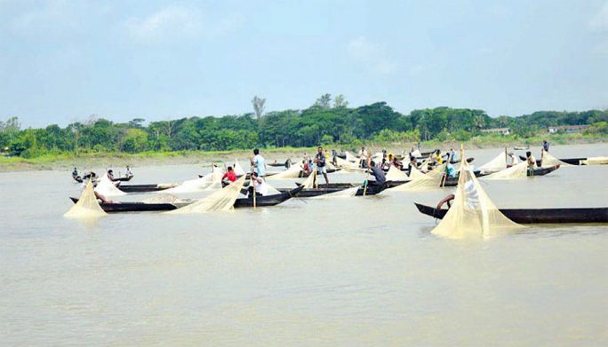 Fishermen seen collecting fish spawn from Halda river in Chattogram on Saturday .