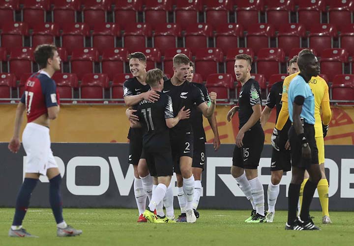 New Zealand players celebrate their victory after the Group F U20 World Cup soccer match between Norway and New Zealand in Lodz, Poland on Monday.