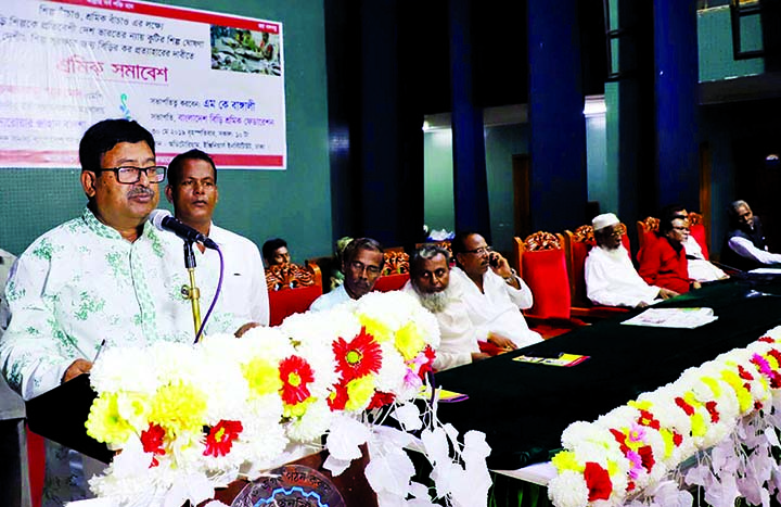 AKM Sarwar Jahan Badsha, MP speaking at a rally organised by Bangladesh Biri Sramik Federation in the auditorium of the Institution of Engineers, Bangladesh in the city on Thursday to meet its various demands including protection of bidi industries.