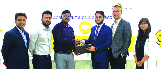 A Z M Fouz Ullah Chowdhury, Head of Mobile Financial Services of ONE Bank Ltd and Rashed Reza Arif, Brand Manager of InfoSapex Ltd, exchanging an agreement signing document at the Bank's head office in the city. Under the deal, OK Wallet customers will