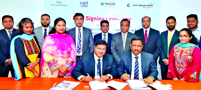 Md Monzur Mofiz, Deputy Managing Director of DBBL and Kazi Mahfuz Mamtazur Rahman, Team Leader of Swisscontact, signing a MoU at the Bank's head office in the city. Mosharrof Hossain, Head of Financial Inclusion Division; Ahmed Aslam Al Ferdous, Head of