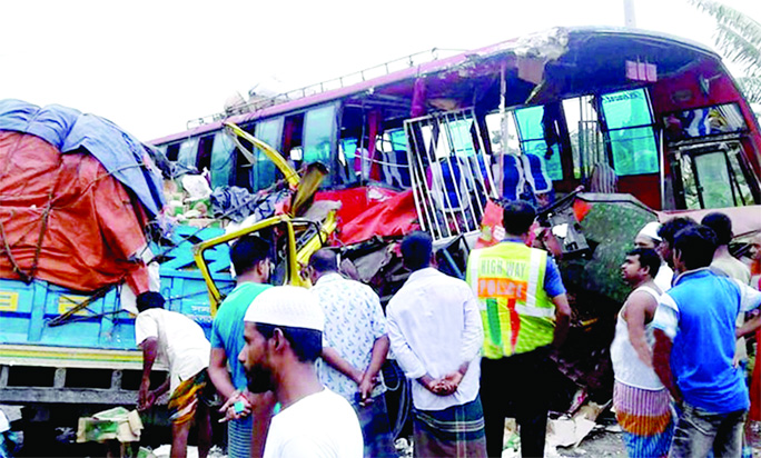 Two passengers were killed and some others injured while a bus collided head-on with a truck at Purbogangabordi area in Faridpur on Saturday.