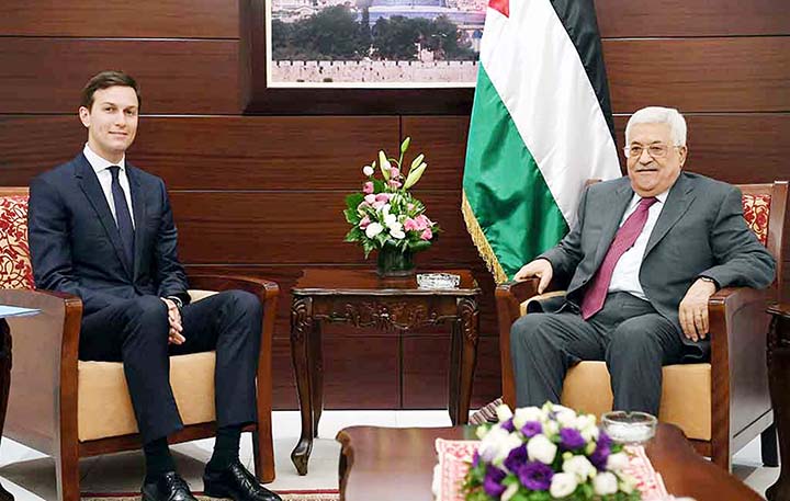 Palestinian President Mahmoud Abbas meets with White House senior advisor Jared Kushner in the West Bank City of Ramallah in the Israeli-occupied West Bank