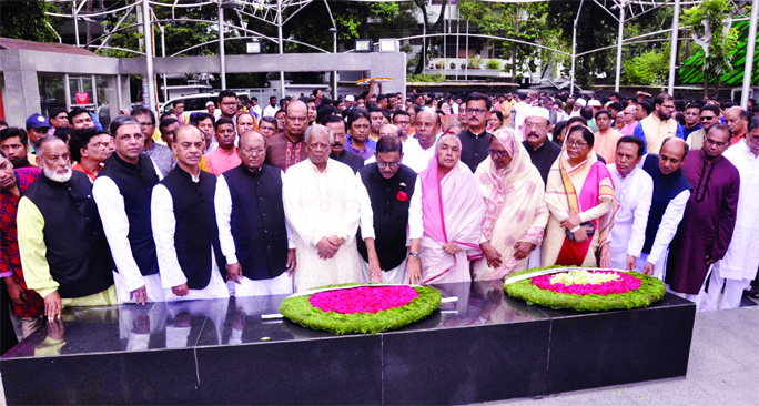 General Secretary of Bangladesh Awami League and Road Transport and Bridges Minister Obaidul Quader along with other leaders of the party placing wreaths at the portrait of Father of the Nation Bangabandhu Sheikh Mujibur Rahman in the city's 32, Dhanmodi