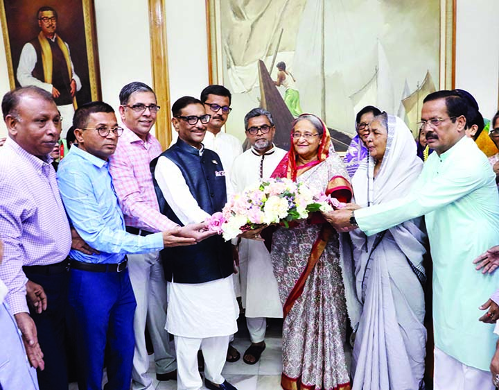 General Secretary of Bangladesh Awami League and also Road Transport and Bridges Minister Obaidul Quader along with party colleagues greeted Prime Minister Sheikh Hasina with bouquets when the latter reached Ganabhaban on Saturday after tri-nation visit.