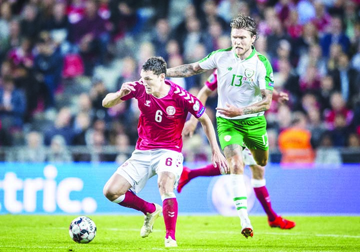 Denmark's Andreas Christensen and Ireland's Jeff Hendrick during their Euro 2020 qualifying soccer match between Denmark and Ireland, in Telia Parken, Copenhagen on Friday.