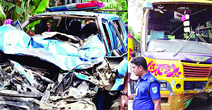 Ten people including OC of Kaliganj thana were seriously injured when a passenger bus collided head a on with a police pick-up van at Kaliganj in Satkhira on Sunday.